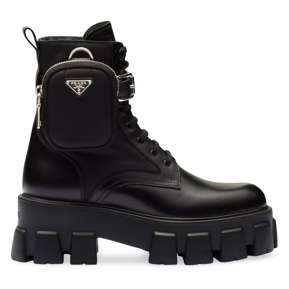 PRADA Monolith Leather and Re-Nylon Boots with Pouch | Size 38.5 IT